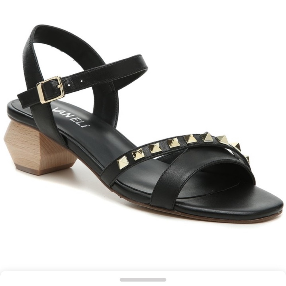 Black Vaneli sandals with Geometric heel and golds studs